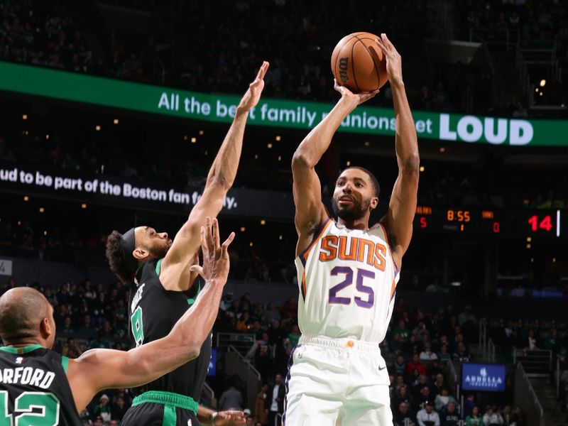 BOSTON, MA - FEBRUARY 3: Mikal Bridges #25 of the Phoenix Suns shoots the ball during the game against the Boston Celtics on February 3, 2023 at TD Garden in Boston, Massachusetts.  NOTE TO USER: User expressly acknowledges and agrees that, by downloading and or using this photograph, User is consenting to the terms and conditions of the Getty Images License Agreement. Mandatory Copyright Notice: Copyright 2022 NBAE  (Photo by Nathaniel S. Butler/NBAE via Getty Images)