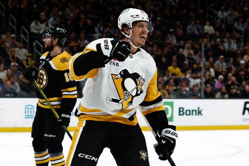 Nov 29, 2024; Boston, Massachusetts, USA; Pittsburgh Penguins right wing Rickard Rakell (67) celebrates his goal as Boston Bruins center Pavel Zacha (18) skates away during the second period at TD Garden. Mandatory Credit: Winslow Townson-Imagn Images