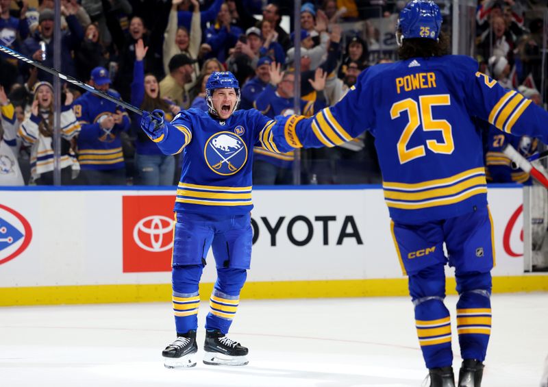 Dec 30, 2023; Buffalo, New York, USA;  Buffalo Sabres left wing Jeff Skinner (53) reacts after scoring the game winning goal in overtime against the Columbus Blue Jackets at KeyBank Center. Mandatory Credit: Timothy T. Ludwig-USA TODAY Sports