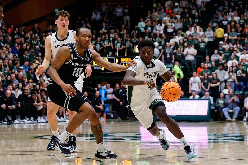 Feb 17, 2024; Fort Collins, Colorado, USA; Colorado State Rams guard Isaiah Stevens (4) drives to the basket against Utah State Aggies guard Darius Brown II (10) as forward Patrick Cartier (12) looks on in the second half at Moby Arena. Mandatory Credit: Isaiah J. Downing-USA TODAY Sports