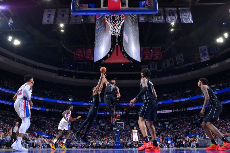 PHILADELPHIA, PA - APRIL 14: Mikal Bridges #1 of the Brooklyn Nets rebounds the ball during the game against the Philadelphia 76ers on April 14, 2024 at the Wells Fargo Center in Philadelphia, Pennsylvania NOTE TO USER: User expressly acknowledges and agrees that, by downloading and/or using this Photograph, user is consenting to the terms and conditions of the Getty Images License Agreement. Mandatory Copyright Notice: Copyright 2024 NBAE (Photo by Jesse D. Garrabrant/NBAE via Getty Images)