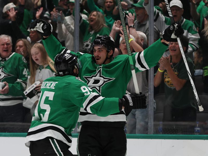 Oct 19, 2024; Dallas, Texas, USA; Dallas Stars left wing Mason Marchment (27) and center Matt Duchene (95) celebrate after a goal against the Edmonton Oilers in the third period and at American Airlines Center. Mandatory Credit: Tim Heitman-Imagn Images