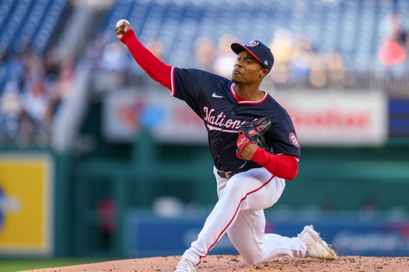 Apr 4, 2024; Washington, District of Columbia, USA; Washington Nationals starting pitcher Josiah Gray (40) throws a pitch during the first inning against the Pittsburgh Pirates at Nationals Park. Mandatory Credit: Reggie Hildred-USA TODAY Sports