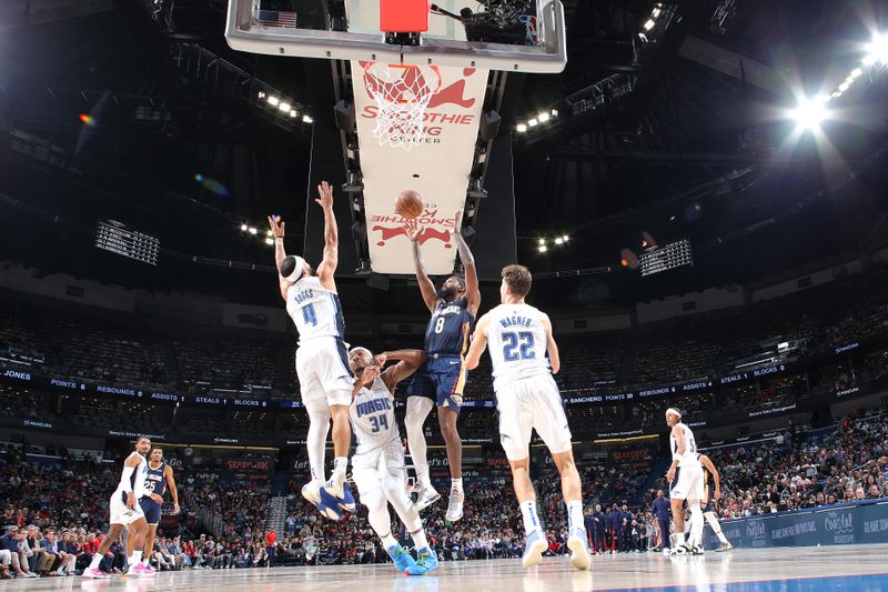 NEW ORLEANS, LA - APRIL 3:  Naji Marshall #8 of the New Orleans Pelicans grabs a rebound during the game against the Orlando Magic on April 3, 2024 at the Smoothie King Center in New Orleans, Louisiana. NOTE TO USER: User expressly acknowledges and agrees that, by downloading and or using this Photograph, user is consenting to the terms and conditions of the Getty Images License Agreement. Mandatory Copyright Notice: Copyright 2024 NBAE (Photo by Layne Murdoch Jr./NBAE via Getty Images)