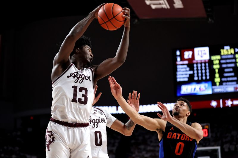 Jan 18, 2023; College Station, Texas, USA; Texas A&M Aggies forward Solomon Washington (13) grabs a rebound while Florida Gators guard Myreon Jones (0) defends during the second half at Reed Arena. Mandatory Credit: Erik Williams-USA TODAY Sports
