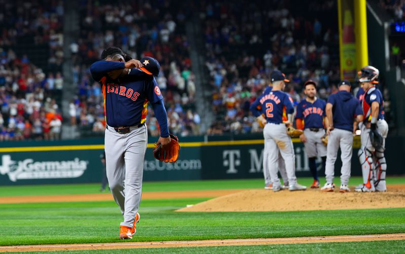 Aug 6, 2024; Arlington, Texas, USA; Houston Astros starting pitcher Framber Valdez (59) reacts after leaving the game and giving up a two-run home run to Texas Rangers shortstop Corey Seager (not pictured) during the ninth inning at Globe Life Field. Mandatory Credit: Kevin Jairaj-USA TODAY Sports