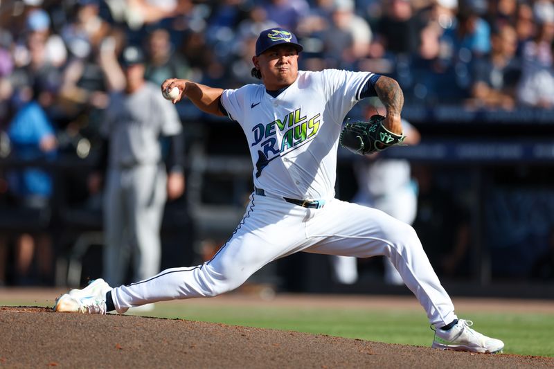 Apr 19, 2025; Tampa, Florida, USA; Tampa Bay Rays pitcher Manuel Rodríguez (39) throws a pitch against the New York Yankees in the fourth inning at George M. Steinbrenner Field. Mandatory Credit: Nathan Ray Seebeck-Imagn Images