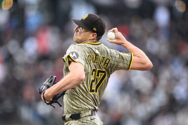 Jun 4, 2025; San Francisco, California, USA;  San Diego Padres starting pitcher Nick Pivetta (27) throws against the San Francisco Giants in the second inning at Oracle Park. Mandatory Credit: Eakin Howard-Imagn Images