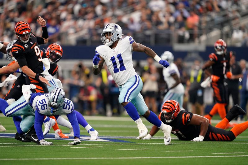 Dallas Cowboys linebacker Micah Parsons rushes against the Cincinnati Bengals during a NFL football game in Arlington, Texas, Sunday, Sept. 17, 2022. (AP Photo/Tony Gutierrez)