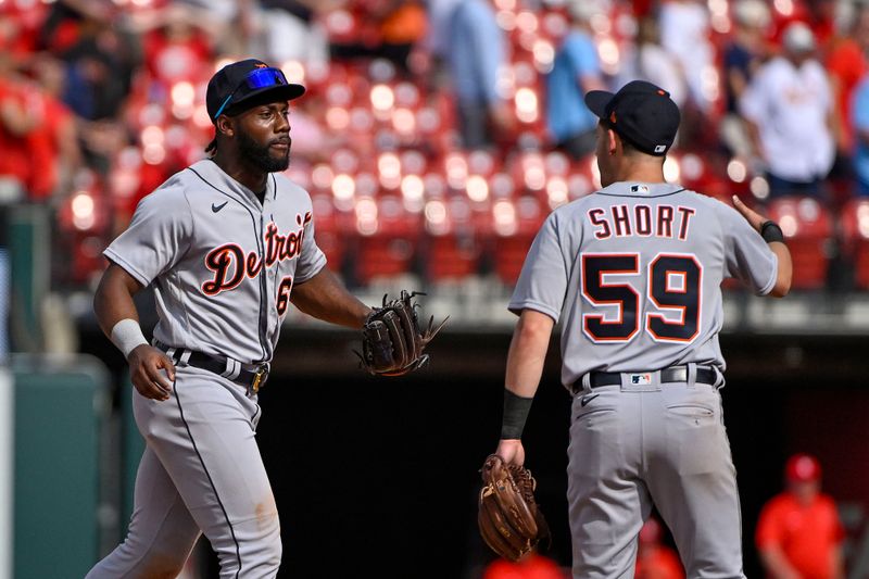 May 6, 2023; St. Louis, Missouri, USA;  Detroit Tigers left fielder Akil Baddoo (60) and shortstop Zack Short (59) celebrate after the Tigers defeated the St. Louis Cardinals in ten innings at Busch Stadium. Mandatory Credit: Jeff Curry-USA TODAY Sports