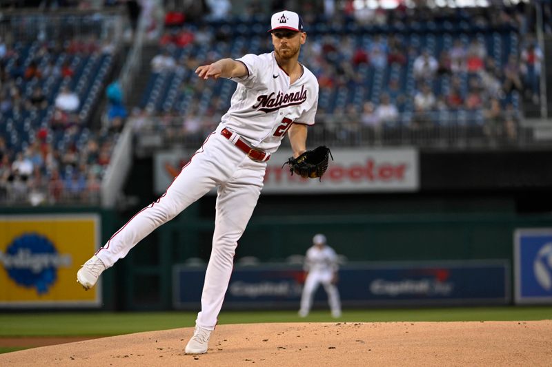 Apr 4, 2023; Washington, District of Columbia, USA; Washington Nationals starting pitcher Chad Kuhl (26) throws to the Tampa Bay Rays during the first inning at Nationals Park. Mandatory Credit: Brad Mills-USA TODAY Sports