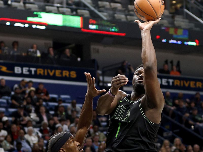 NEW ORLEANS, LOUISIANA - FEBRUARY 23: Zion Williamson #1 of the New Orleans Pelicans shoots over Jimmy Butler #22 of the Miami Heat during the second quarter of an NBA game at Smoothie King Center on February 23, 2024 in New Orleans, Louisiana. NOTE TO USER: User expressly acknowledges and agrees that, by downloading and or using this photograph, User is consenting to the terms and conditions of the Getty Images License Agreement. (Photo by Sean Gardner/Getty Images)