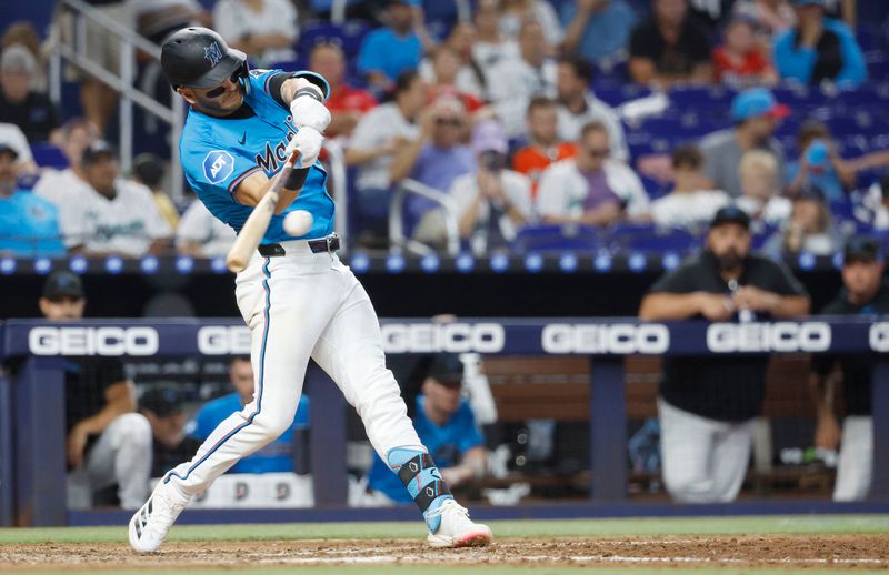 Sep 8, 2024; Miami, Florida, USA;  Miami Marlins second baseman Connor Norby (24) bats against the Philadelphia Phillies in the sixth inning at loanDepot Park. Mandatory Credit: Rhona Wise-Imagn Images