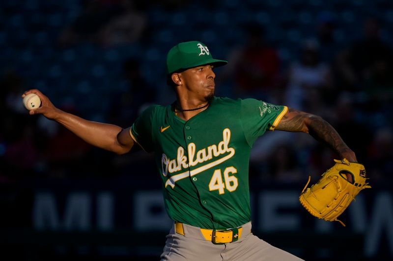 Jun 24, 2024; Anaheim, California, USA;  Oakland Athletics starting pitcher Luis Medina (46) delivers to the plate in the second inning against the Los Angeles Angels at Angel Stadium. Mandatory Credit: Jayne Kamin-Oncea-USA TODAY Sports