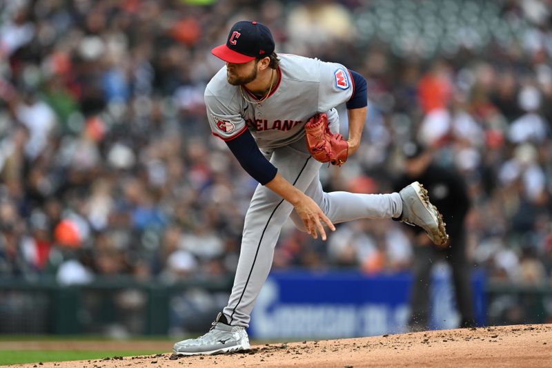 May 23, 2025; Detroit, Michigan, USA; Cleveland Guardians starting pitcher Slade Cecconi (44) throws a pitch against the Detroit Tigers in the first inning at Comerica Park. Mandatory Credit: Lon Horwedel-Imagn Images