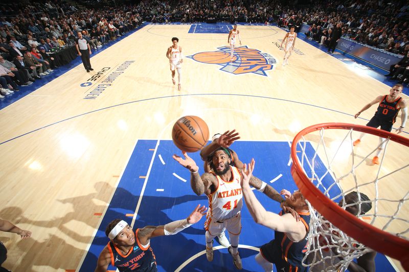 NEW YORK, NY - MARCH 5: Saddiq Bey #41 of the Atlanta Hawks drives to the basket during the game against the New York Knicks on March 5, 2024 at Madison Square Garden in New York City, New York.  NOTE TO USER: User expressly acknowledges and agrees that, by downloading and or using this photograph, User is consenting to the terms and conditions of the Getty Images License Agreement. Mandatory Copyright Notice: Copyright 2024 NBAE  (Photo by Nathaniel S. Butler/NBAE via Getty Images)