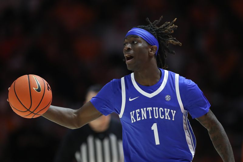 Jan 17, 2026; Knoxville, Tennessee, USA; Kentucky Wildcats guard Denzel Aberdeen (1) brings the ball up court against the Tennessee Volunteers during the second half at Thompson-Boling Arena at Food City Center. Mandatory Credit: Randy Sartin-Imagn Images