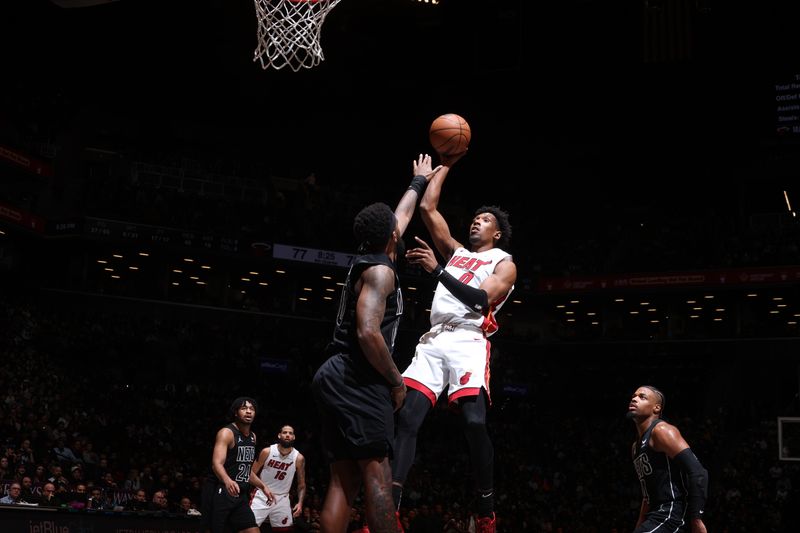 BROOKLYN, NY - JANUARY 15: Josh Richardson #0 of the Miami Heat shoots the ball during the game against the Brooklyn Nets on January 15, 2024 at Barclays Center in Brooklyn, New York. NOTE TO USER: User expressly acknowledges and agrees that, by downloading and or using this Photograph, user is consenting to the terms and conditions of the Getty Images License Agreement. Mandatory Copyright Notice: Copyright 2024 NBAE (Photo by Nathaniel S. Butler/NBAE via Getty Images)