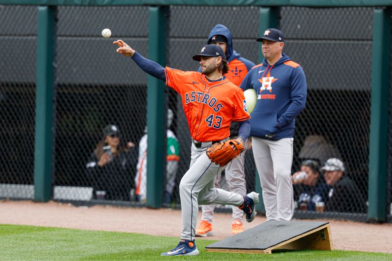 May 4, 2025; Chicago, Illinois, USA; Houston Astros starting pitcher Lance McCullers Jr. (43) walks on the field before  a game against the Chicago White Sox at Rate Field. Mandatory Credit: Kamil Krzaczynski-Imagn Images