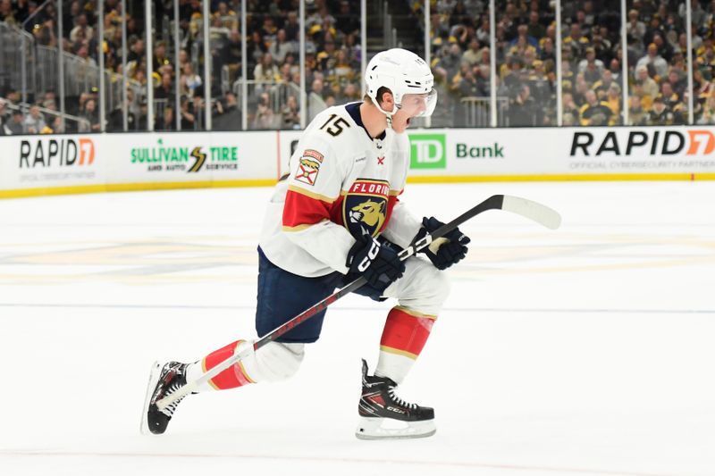 May 17, 2024; Boston, Massachusetts, USA; Florida Panthers center Anton Lundell (15) reacts after scoring a goal during the second period in game six of the second round of the 2024 Stanley Cup Playoffs against the Boston Bruins at TD Garden. Mandatory Credit: Bob DeChiara-USA TODAY Sports