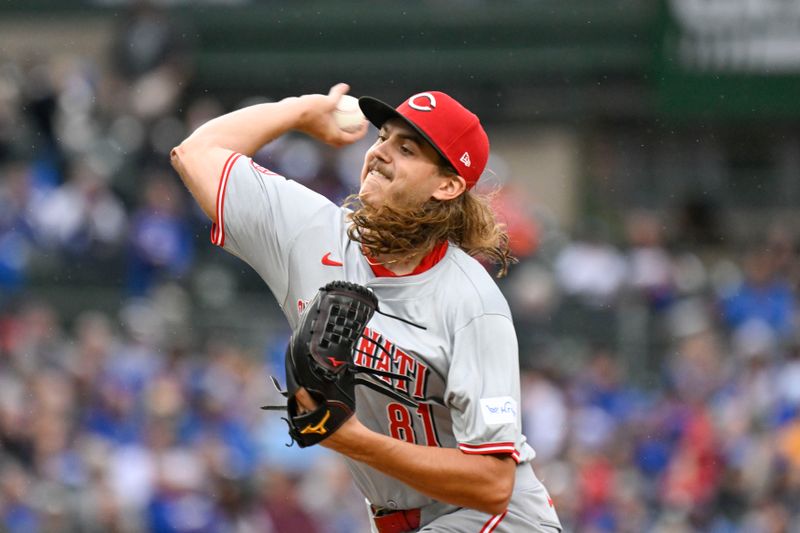 Sep 28, 2024; Chicago, Illinois, USA;  Cincinnati Reds pitcher Rhett Lowder (81) delivers against the Chicago Cubs during the first inning at Wrigley Field. Mandatory Credit: Matt Marton-Imagn Images