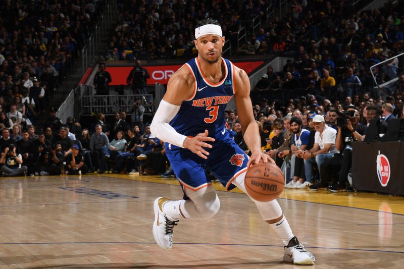 SAN FRANCISCO, CA - MARCH 18: Josh Hart #3 of the New York Knicks dribbles the ball during the game against the Golden State Warriors on MARCH 18, 2024 at Chase Center in San Francisco, California. NOTE TO USER: User expressly acknowledges and agrees that, by downloading and or using this photograph, user is consenting to the terms and conditions of Getty Images License Agreement. Mandatory Copyright Notice: Copyright 2024 NBAE (Photo by Noah Graham/NBAE via Getty Images)