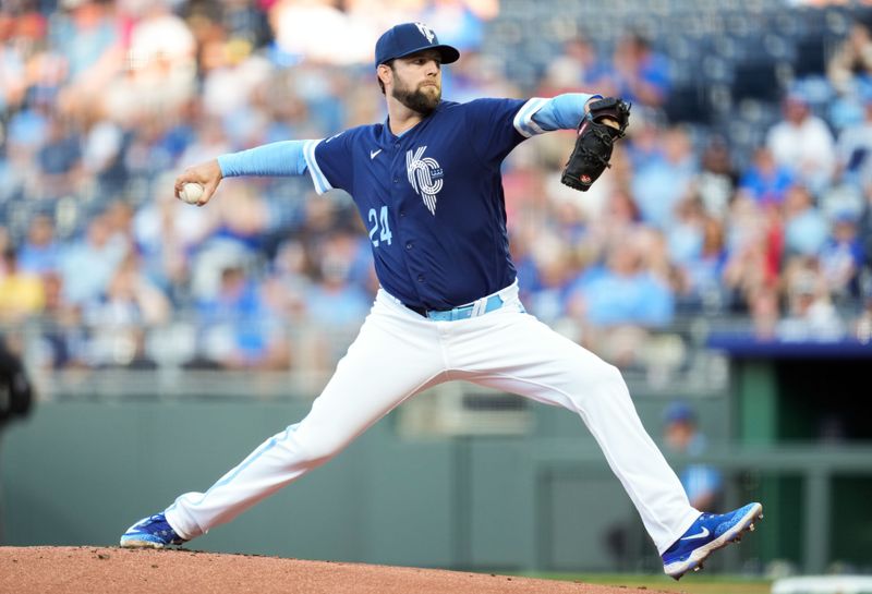 May 26, 2023; Kansas City, Missouri, USA; Kansas City Royals starting pitcher Jordan Lyles (24) pitches during the first inning against the Washington Nationals at Kauffman Stadium. Mandatory Credit: Jay Biggerstaff-USA TODAY Sports