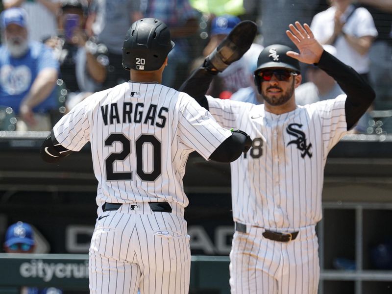 Jun 8, 2025; Chicago, Illinois, USA; Chicago White Sox third baseman Miguel Vargas (20) crosses home plate after hitting a two-run home run against the Kansas City Royals during the first inning at Rate Field. Mandatory Credit: Kamil Krzaczynski-Imagn Images