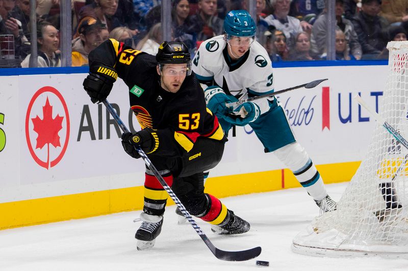 Dec 23, 2023; Vancouver, British Columbia, CAN; San Jose Sharks defenseman Henry Thrun (3) watches as Vancouver Canucks forward Teddy Blueger (53) makes a pass in the third period at Rogers Arena. Canucks won 7-4. Mandatory Credit: Bob Frid-USA TODAY Sports