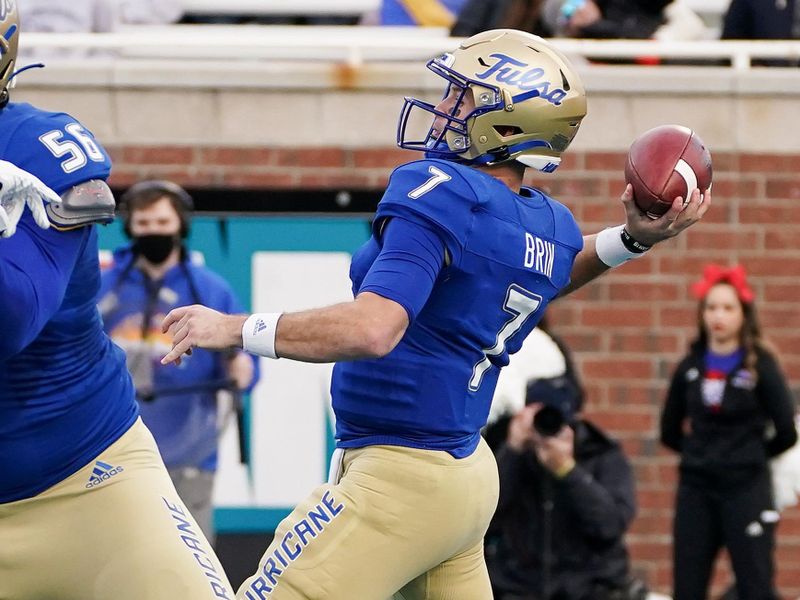 Dec 20, 2021; Conway, South Carolina, USA; Tulsa Golden Hurricane quarterback Davis Brin (7) throws the ball against the Old Dominion Monarchs during the 2021 Myrtle Beach Bowl at Brooks Stadium. Mandatory Credit: David Yeazell-USA TODAY Sports