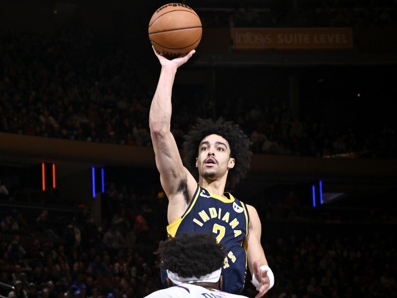 NEW YORK, NY - APRIL 9: Andrew Nembhard #2 of the Indiana Pacers shoots the ball during the game against the New York Knicks on April 9, 2023 at Madison Square Garden in New York City, New York. NOTE TO USER: User expressly acknowledges and agrees that, by downloading and or using this photograph, User is consenting to the terms and conditions of the Getty Images License Agreement. Mandatory Copyright Notice: Copyright 2023 NBAE  (Photo by David Dow/NBAE via Getty Images)