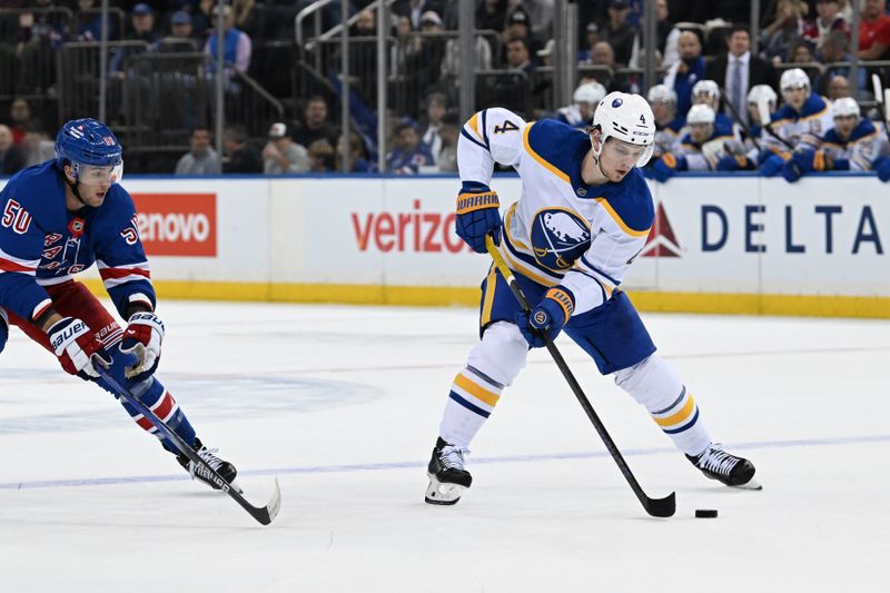 Nov 7, 2024; New York, New York, USA;  Buffalo Sabres defenseman Bowen Byram (4) skates across the blue chased by New York Rangers left wing Will Cuylle (50) during the first period at Madison Square Garden. Mandatory Credit: Dennis Schneidler-Imagn Images