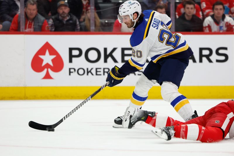 Feb 24, 2024; Detroit, Michigan, USA;  St. Louis Blues left wing Brandon Saad (20) skates with the puck in the third period against the Detroit Red Wings at Little Caesars Arena. Mandatory Credit: Rick Osentoski-USA TODAY Sports