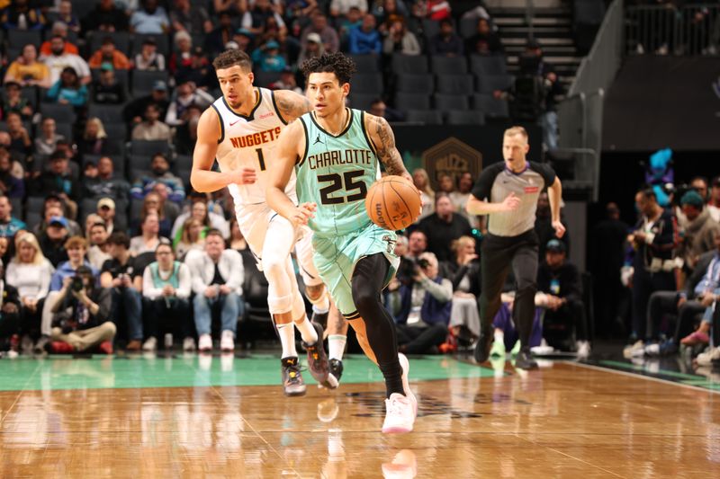 CHARLOTTE, NC - FEBRUARY 1: KJ Simpson #25 of the Charlotte Hornets dribbles the ball during the game against the Denver Nuggets on February 1, 2025 at Spectrum Center in Charlotte, North Carolina. NOTE TO USER: User expressly acknowledges and agrees that, by downloading and or using this photograph, User is consenting to the terms and conditions of the Getty Images License Agreement. Mandatory Copyright Notice: Copyright 2025 NBAE (Photo by Kent Smith/NBAE via Getty Images)