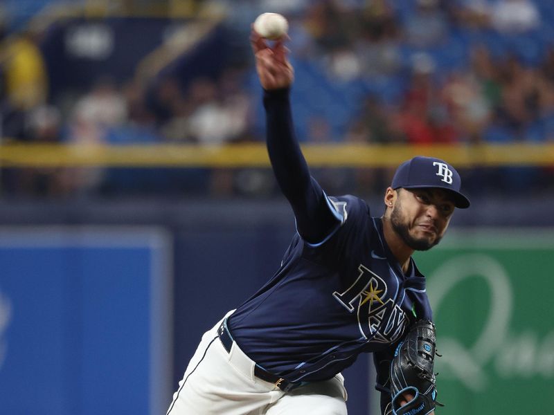 May 20, 2024; St. Petersburg, Florida, USA; Tampa Bay Rays pitcher Taj Bradley (45) throws a pitch against the Boston Red Sox during the third inning at Tropicana Field. Mandatory Credit: Kim Klement Neitzel-USA TODAY Sports