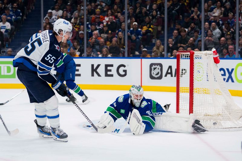 Feb 17, 2024; Vancouver, British Columbia, CAN; Winnipeg Jets forward Mark Scheifele (55) scores on Vancouver Canucks goalie Thatcher Demko (35) in the third period at Rogers Arena. Jets won 4-2. Mandatory Credit: Bob Frid-USA TODAY Sports