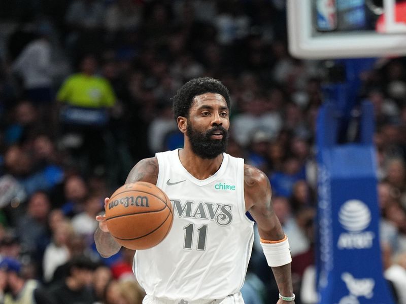 DALLAS, TX - NOVEMBER 16: Kyrie Irving #11 of the Dallas Mavericks dribbles the ball during the game against the San Antonio Spurs on November 16, 2024 at American Airlines Center in Dallas, Texas. NOTE TO USER: User expressly acknowledges and agrees that, by downloading and or using this photograph, User is consenting to the terms and conditions of the Getty Images License Agreement. Mandatory Copyright Notice: Copyright 2024 NBAE (Photo by Glenn James/NBAE via Getty Images)