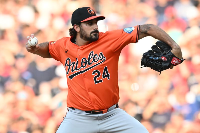 Aug 3, 2024; Cleveland, Ohio, USA; Baltimore Orioles starting pitcher Zach Eflin (24) throws a pitch during the first inning against the Cleveland Guardians at Progressive Field. Mandatory Credit: Ken Blaze-USA TODAY Sports