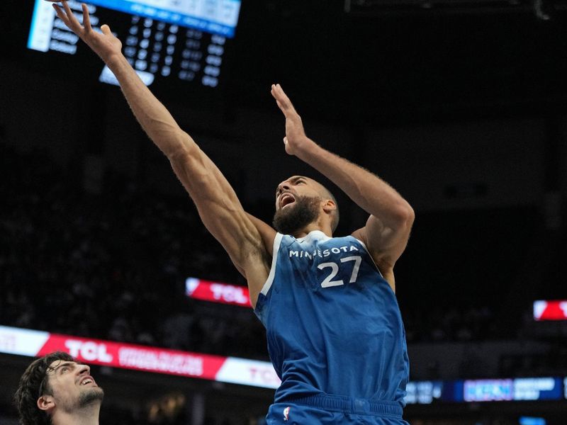 MINNEAPOLIS, MN -  APRIL 9: Rudy Gobert #27 of the Minnesota Timberwolves drives to the basket during the game against the Washington Wizards on April 9, 2024 at Target Center in Minneapolis, Minnesota. NOTE TO USER: User expressly acknowledges and agrees that, by downloading and or using this Photograph, user is consenting to the terms and conditions of the Getty Images License Agreement. Mandatory Copyright Notice: Copyright 2024 NBAE (Photo by Jordan Johnson/NBAE via Getty Images)