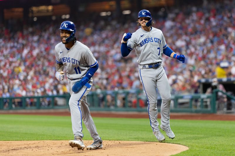 Aug 4, 2023; Philadelphia, Pennsylvania, USA; Kansas City Royals shortstop Bobby Witt Jr. (7) celebrates his two RBI home run with third baseman Maikel Garcia (11) during the third inning against the Philadelphia Phillies at Citizens Bank Park. Mandatory Credit: Bill Streicher-USA TODAY Sports