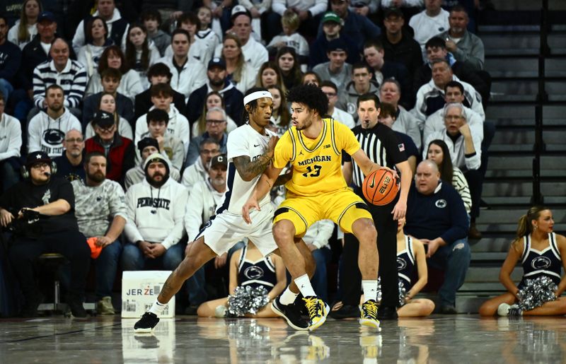 Jan 7, 2024; Philadelphia, Pennsylvania, USA; Michigan Wolverines forward Olivier Nkamhoua (13) controls the ball against Penn State Nittany Lions guard Nick Kern Jr (3) in the first half at The Palestra. Mandatory Credit: Kyle Ross-USA TODAY Sports