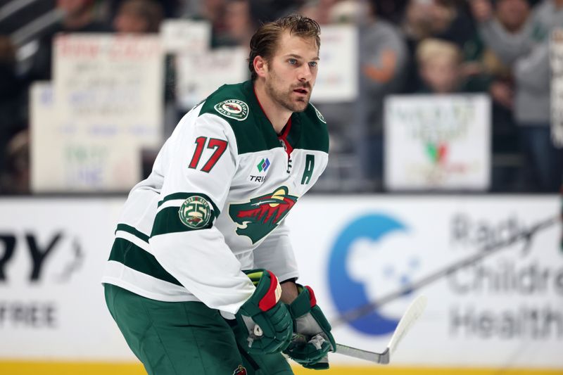 Jan 2, 2026; Anaheim, California, USA;  Minnesota Wild left wing Marcus Foligno (17) warms up prior to an NHL game against the Anaheim Ducks at Honda Center. Mandatory Credit: Kiyoshi Mio-Imagn Images