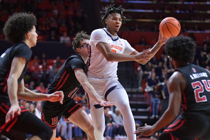 Jan 21, 2024; Champaign, Illinois, USA; Illinois Fighting Illini guard Terrence Shannon Jr. (0) passes the ball around the Rutgers Scarlet Knights defense during the first half at State Farm Center. Mandatory Credit: Ron Johnson-USA TODAY Sports