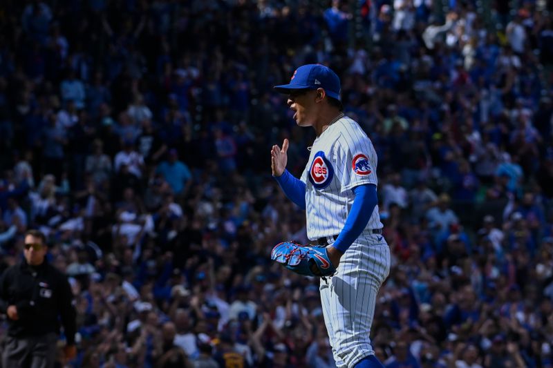 Aug 30, 2023; Chicago, Illinois, USA; Chicago Cubs relief pitcher Adbert Alzolay (73) reacts after beating the Milwaukee Brewers at Wrigley Field. Mandatory Credit: Matt Marton-USA TODAY Sports