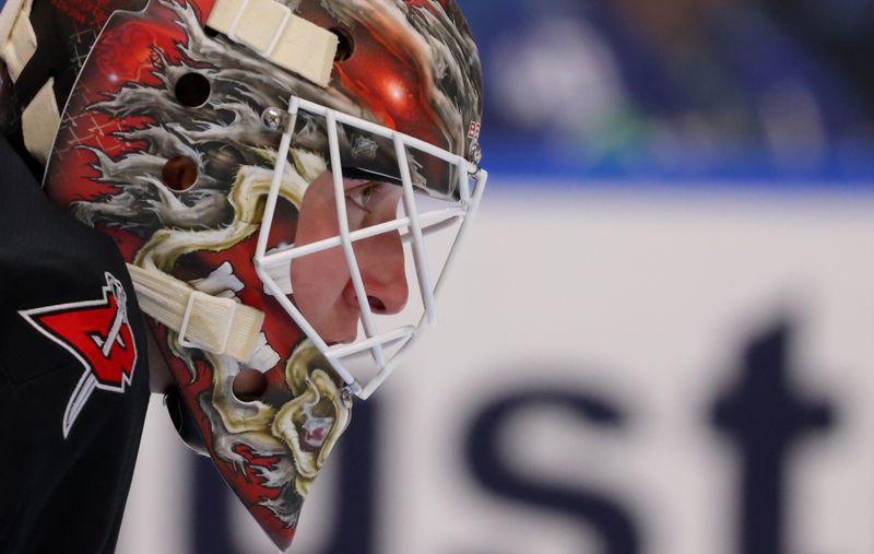 Nov 29, 2024; Buffalo, New York, USA;  Buffalo Sabres goaltender Ukko-Pekka Luukkonen (1) during the third period against the Vancouver Canucks at KeyBank Center. Mandatory Credit: Timothy T. Ludwig-Imagn Images