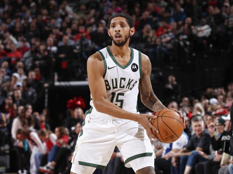 PORTLAND, OR - JANUARY 31:  Cameron Payne #15 of the Milwaukee Bucks handles the ball during the game  on January 31, 2024 at the Moda Center Arena in Portland, Oregon. NOTE TO USER: User expressly acknowledges and agrees that, by downloading and or using this photograph, user is consenting to the terms and conditions of the Getty Images License Agreement. Mandatory Copyright Notice: Copyright 2024 NBAE (Photo by Cameron Browne/NBAE via Getty Images)