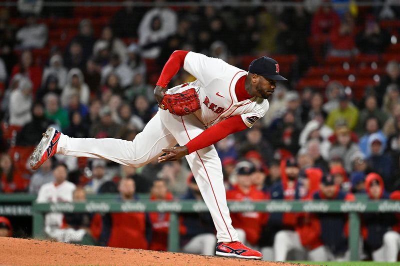 May 19, 2025; Boston, Massachusetts, USA; Boston Red Sox relief pitcher Aroldis Chapman (44) pitches against the New York Mets during the ninth inning at Fenway Park. Mandatory Credit: Eric Canha-Imagn Images
