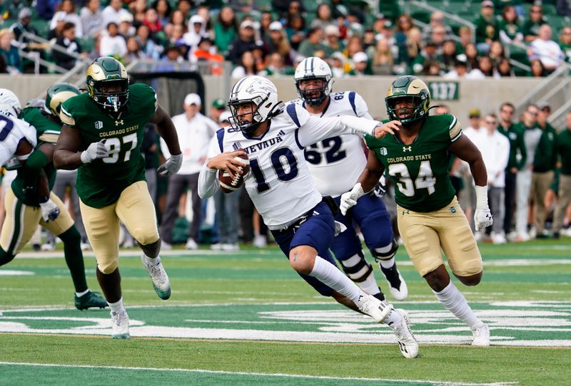 Nov 18, 2023; Fort Collins, Colorado, USA;  Nevada Wolf Pack quarterback AJ Bianco (10) scrambles out of the pocket in the1 at Sonny Lubick Field at Canvas Stadium. Mandatory Credit: Michael Madrid-USA TODAY Sports