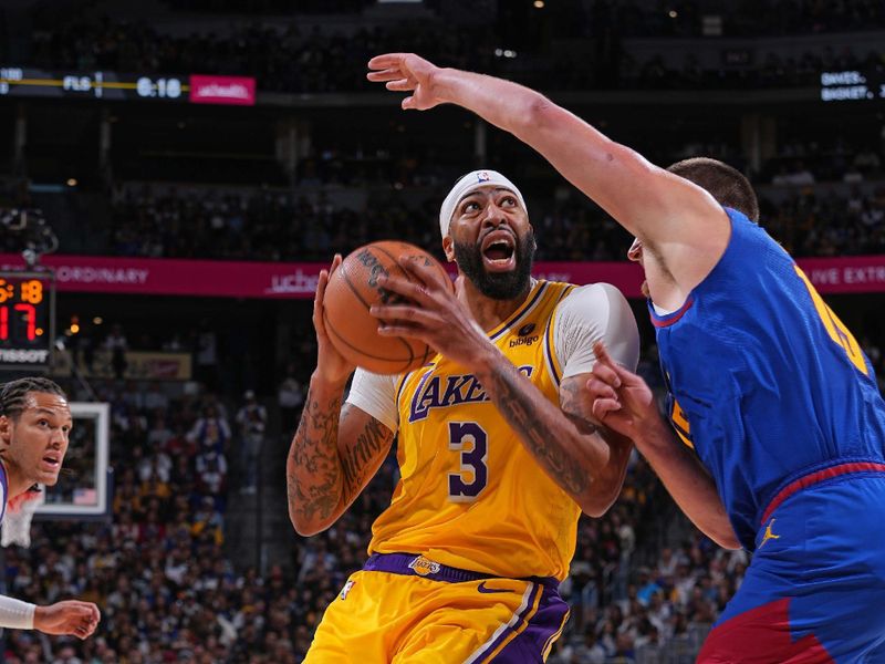 DENVER, CO - OCTOBER 24: Anthony Davis #3 of the Los Angeles Lakers handles the ball during the game against the Denver Nuggets on October 24, 2023 at the Ball Arena in Denver, Colorado. NOTE TO USER: User expressly acknowledges and agrees that, by downloading and/or using this Photograph, user is consenting to the terms and conditions of the Getty Images License Agreement. Mandatory Copyright Notice: Copyright 2023 NBAE (Photo by Bart Young/NBAE via Getty Images)