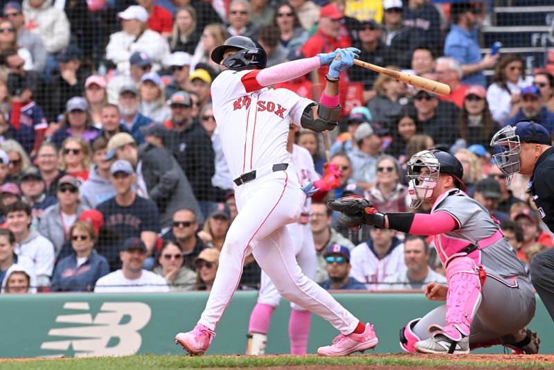 May 12, 2024; Boston, Massachusetts, USA;  Boston Red Sox second baseman Vaughn Grissom (5) hits a single against the Washington Nationals during the sixth inning at Fenway Park. Mandatory Credit: Eric Canha-USA TODAY Sports